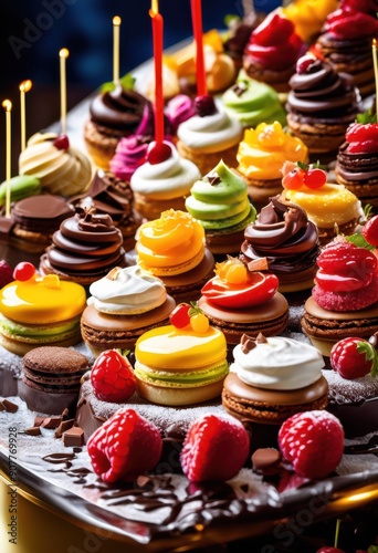 artistic dessert display showcasing vibrant sauces colorful arrangement sweet treats, berries, bright, chocolate, cream, creative, cuisine, culinary photo