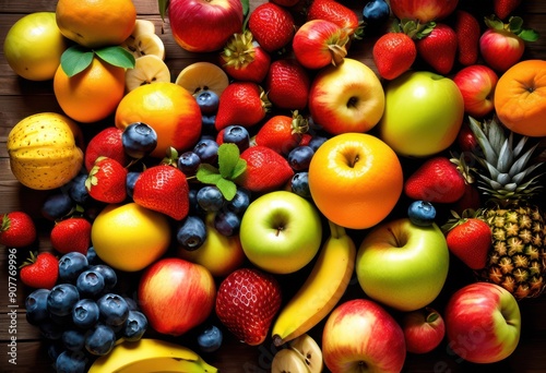 vibrant colorful display fresh organic fruits lively arrangement diverse textures rich colors, apple, banana, orange, berry, grape, kiwi, watermelon