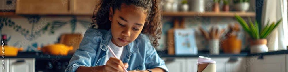 Child doing homework at home with notebook or mother in kitchen education project stationery and cooking included Daughter at table engaging in learning development in apartment student aca Child doing homework at home with notebook or mother in kitchen education project stationery and cooking included Daughter at table engaging in learning development in apartment student aca