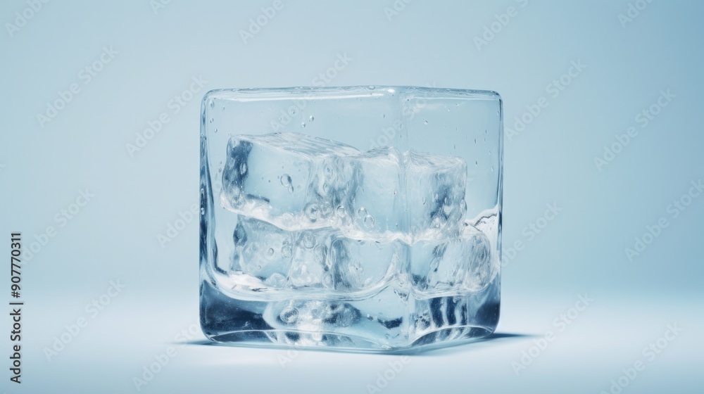 A single ice cube, slowly melting in a glass, its translucent form revealing the trapped air bubbles within. A single ice cube, slowly melting in a glass, its translucent form revealing the trapped air bubbles within.