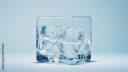 A single ice cube, slowly melting in a glass, its translucent form revealing the trapped air bubbles within.