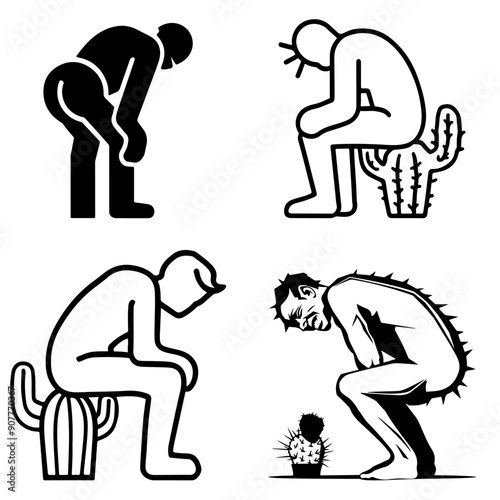 Icons of people bent from pain in ass from hemorrhoids, sitting on cactus. Set of vector monochrome silhouette sketches of patients