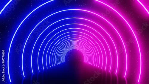3d render abstract neon blue and pink futuristic laser circle round tunnel. Retro 80s 90s y2k colorful disco music summer party. Cyber VJ sci-fi modern corridor background. Animation 30fps 4k loop