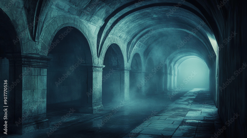 Fototapeta premium underground man-made tunnels decorated with a mysterious facade and detailed patterns, with an eerie, frightening atmosphere through which the fog seeps in, creating a chilling, unsettling effect.