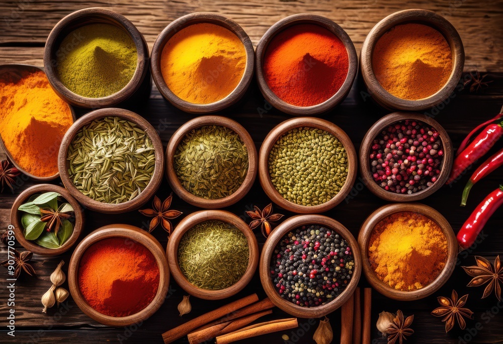 colorful spice containers artfully arranged wooden surface showcasing diverse shapes textures culinary ingredients, vibrant, arrangement, display, kitchen colorful spice containers artfully arranged wooden surface showcasing diverse shapes textures culinary ingredients, vibrant, arrangement, display, kitchen