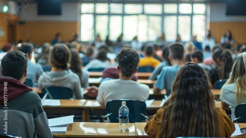 Back of students in a classroom listening to a lecture.