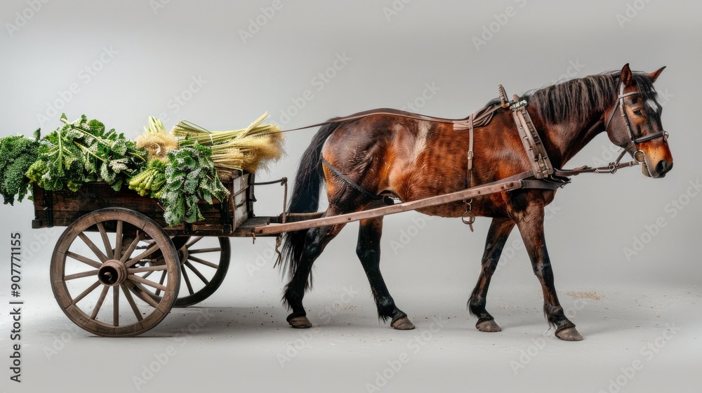 A sturdy brown horse pulling a wooden cart laden with freshly harvested crops, its muscles rippling with strength. A sturdy brown horse pulling a wooden cart laden with freshly harvested crops, its muscles rippling with strength.