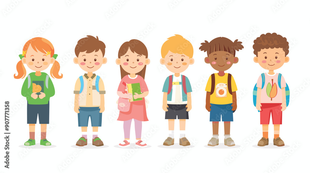 Diverse group cartoon children standing together, smiling kids different ethnicities ready school. Group cute young students backpacks books, boys girls casual clothes. Happy cartoon kids line up Diverse group cartoon children standing together, smiling kids different ethnicities ready school. Group cute young students backpacks books, boys girls casual clothes. Happy cartoon kids line up