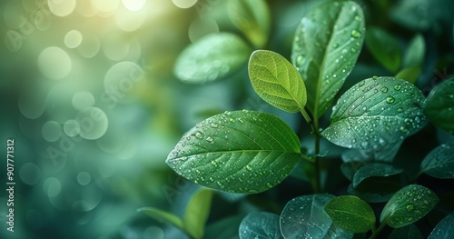 Vibrant Green Leaves in Rain, Soft Focus Nature Scene