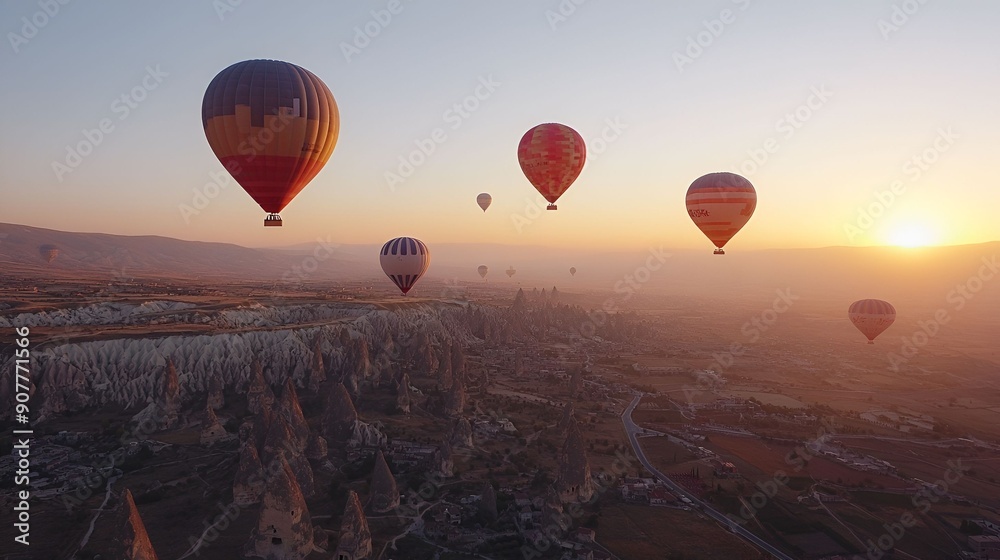 Fototapeta premium Hot air balloons float gracefully over the unique rock formations of Cappadocia at sunrise, creating a breathtaking and surreal landscape. The soft light of dawn adds to the beauty 