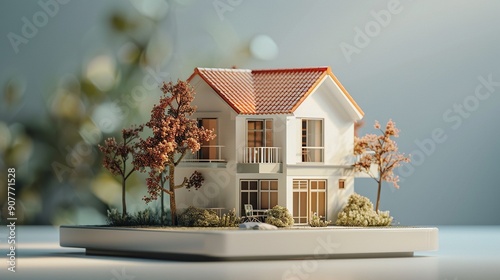 Small House Model with Red Roof and Balcony

 A small house model with a red roof and balcony, surrounded by miniature trees, representing residential design. photo