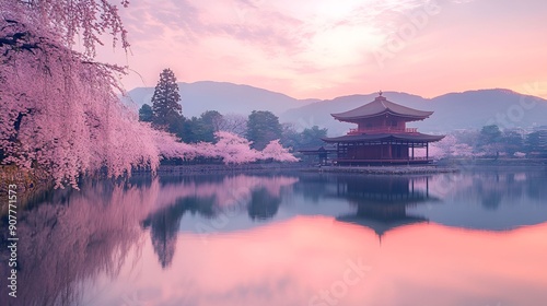 Cherry blossoms frame a tranquil lake, reflecting the serene beauty of a traditional Japanese temple at sunrise. The soft pastel colors create a dreamy and peaceful atmosphere.