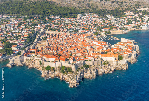 Obraz na płótnie Aerial drone image of the historic, ancient walled city of Dubrovnik in Croatia on the Adriatic Sea