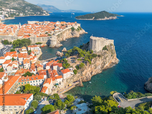Quadro su tela Aerial drone image of the historic, ancient walled city of Dubrovnik in Croatia on the Adriatic Sea