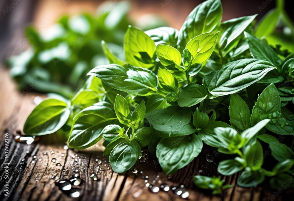 close capture lush green herbs displayed beautifully rustic timber surface highlighting their vibrant colors fresh appearance, wood, nature, organic, leaves