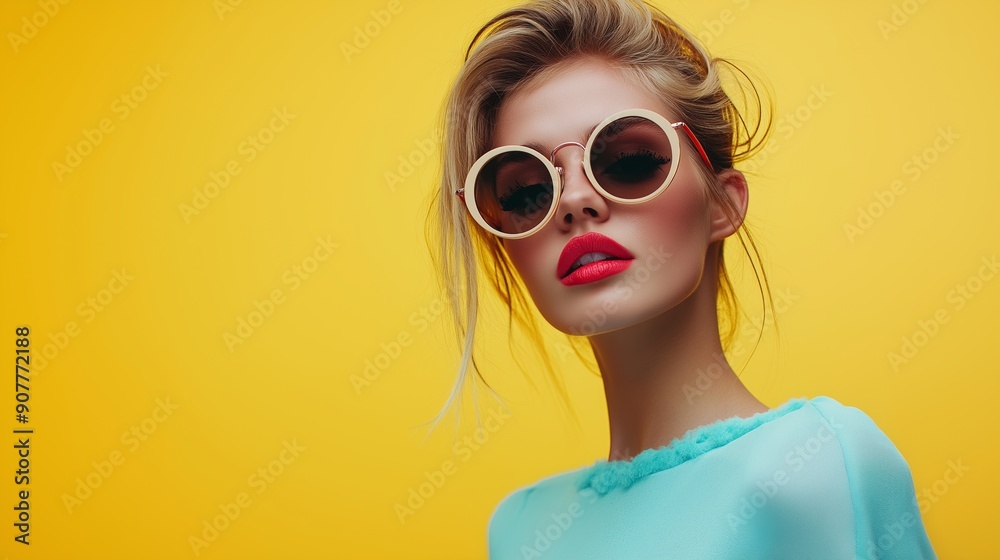 A woman wearing sunglasses and a blue shirt stands in front of a yellow background. She has red lipstick and her hair is styled in a bun. Scene is bright and cheerful, with the woman's outfit