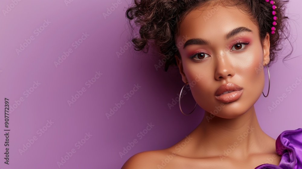 A woman with purple hair and makeup stands in front of a purple background. She has a confident and bold look, with her hair styled in a high ponytail and her makeup emphasizing her features A woman with purple hair and makeup stands in front of a purple background. She has a confident and bold look, with her hair styled in a high ponytail and her makeup emphasizing her features