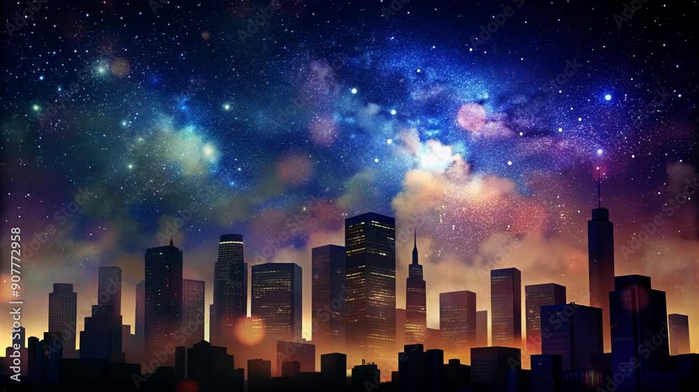 Animated Lo-Fi Video Illustration of Night Cityscape with Beautiful Starry Sky