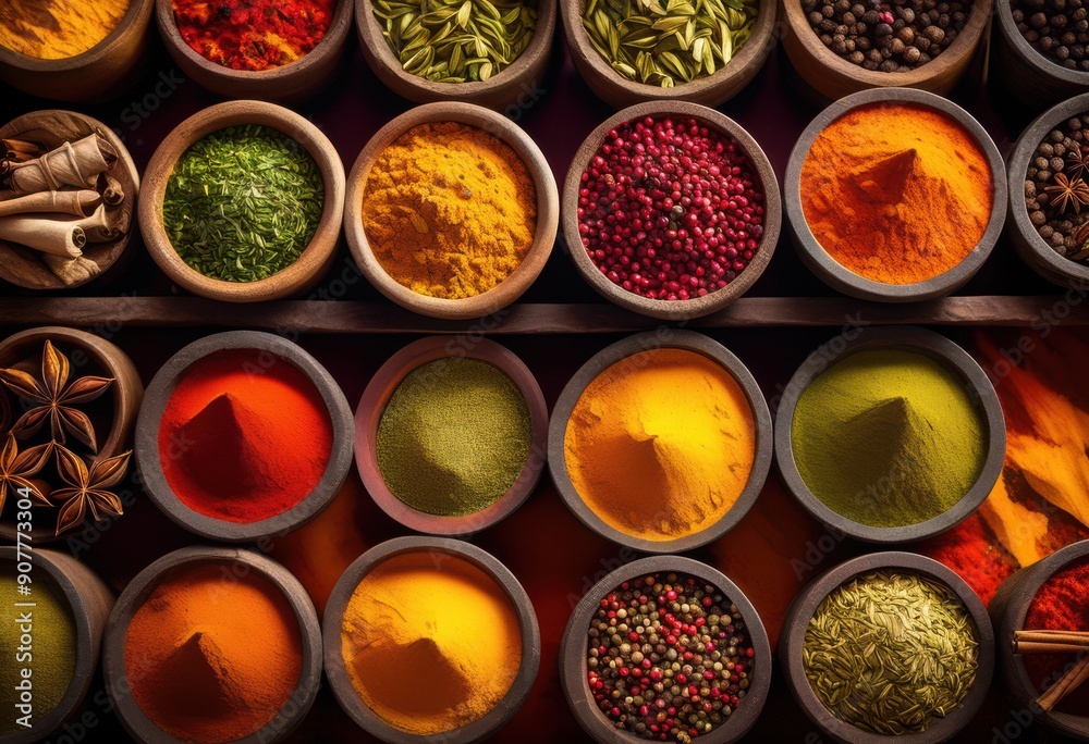 colorful array vibrant spices displayed dark stone showcasing rich textures bold hues, seasoning, herb, red, yellow, green, orange, powder, grain colorful array vibrant spices displayed dark stone showcasing rich textures bold hues, seasoning, herb, red, yellow, green, orange, powder, grain