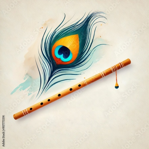 Watercolor illustration of peacock feather with flute for krishna janmashtami.  photo