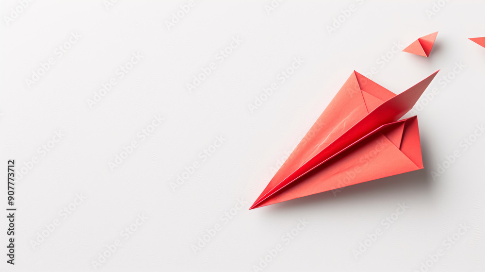Red paper plane and business strategy on a white background, representing business success, innovation, and solutions, with copy space. Red paper plane and business strategy on a white background, representing business success, innovation, and solutions, with copy space.
