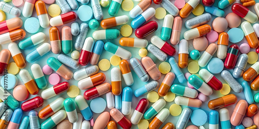Trendy pattern with brightly colored pharmaceutical pills, tablets and capsules on multicolored background. Medicine creative concepts. Minimal background style with pastel color. Trendy pattern with brightly colored pharmaceutical pills, tablets and capsules on multicolored background. Medicine creative concepts. Minimal background style with pastel color.