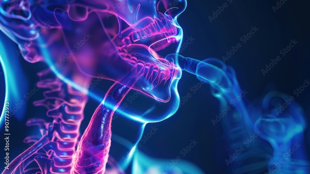 A skeleton is shown with a mouth and tongue, and the image has a blue A skeleton is shown with a mouth and tongue, and the image has a blue