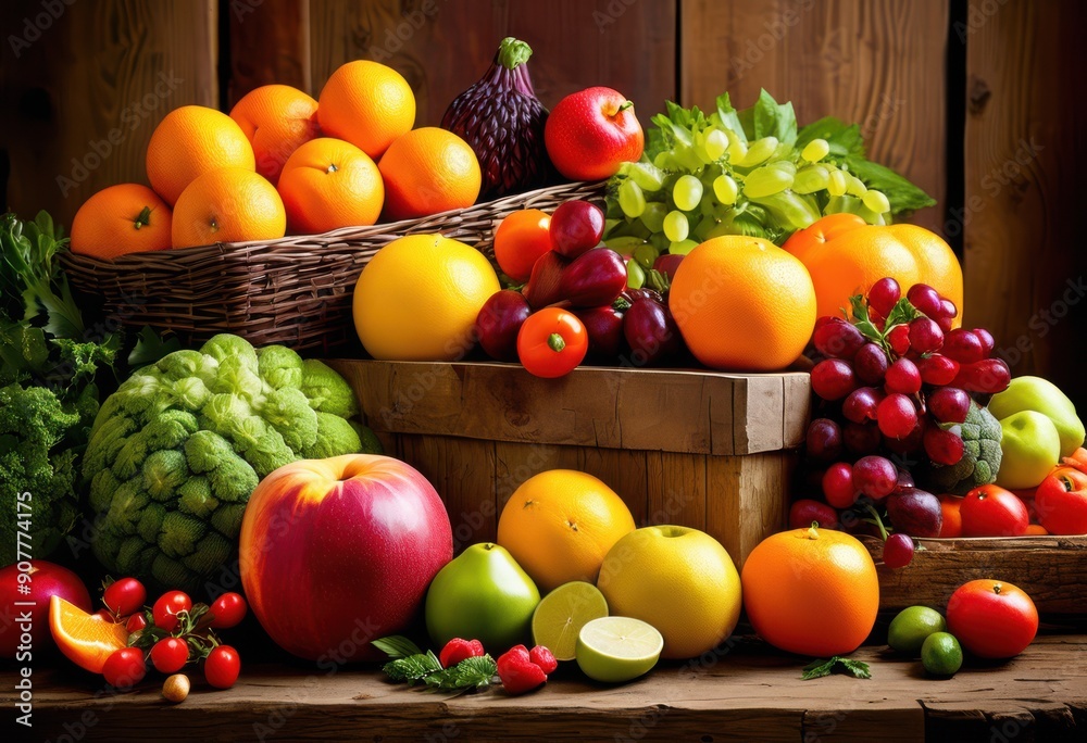 colorful arrangement seasonal fresh fruits vegetables showcasing bounty vibrant display, abundant, appealing, appetizing, bright, cheerful, cooking, culinary