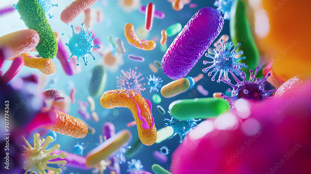 Fototapeta premium 3D render of a Healthy Intestinal Microbiota Ecosystem
