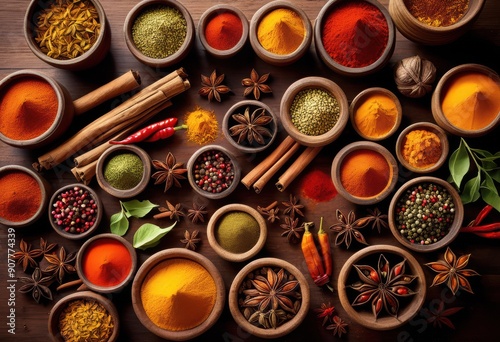 vibrant overhead shot colorful assortment various spices displayed jars bowls wooden surface, herbs, seasonings, kitchen, food, culinary, ingredients