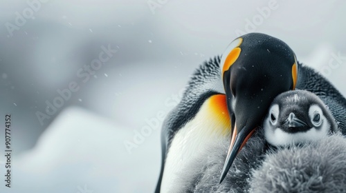 An adorable photo of a penguin cuddling with its fluffy chick, exuding warmth and affection,