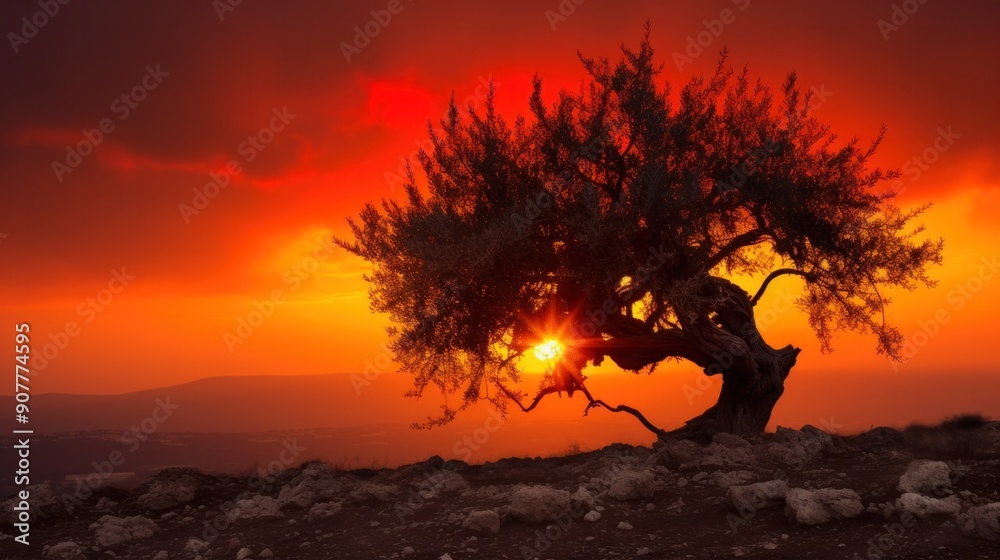 An olive tree silhouetted against a fiery sunset, its branches reaching towards the heavens An olive tree silhouetted against a fiery sunset, its branches reaching towards the heavens