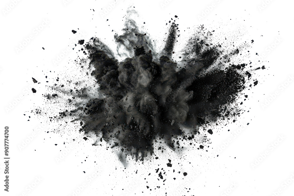 Black chalk pieces and powder flying, explosion effect
