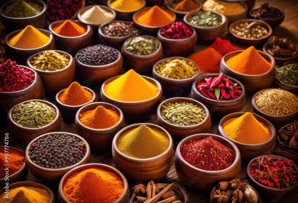 Fototapeta premium vibrant display rare spices colorful containers showcasing rich array textures hues, herbs, seasonings, flavors, ingredients, jars, colors, aroma, exotic