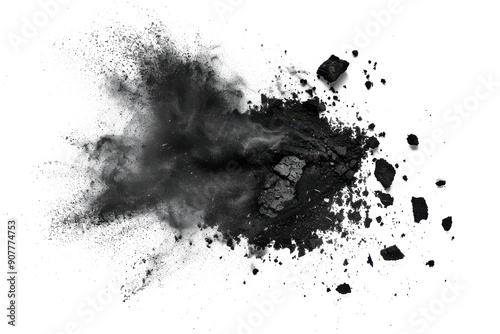 Black chalk pieces and powder flying, explosion effect