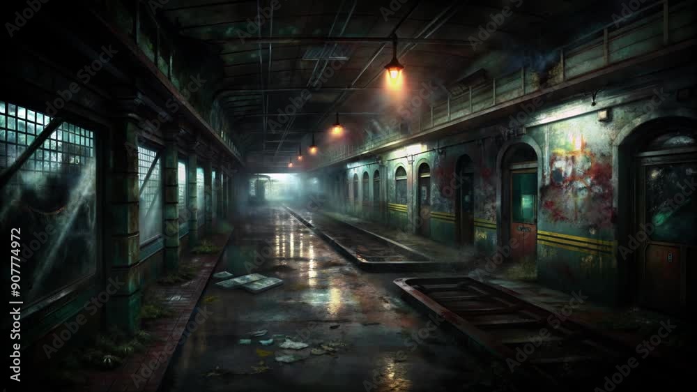 Lo-Fi Animated Illustration of Abandoned Post-Apocalyptic Metro with Mysterious Atmosphere, Halloween Theme Lo-Fi Animated Illustration of Abandoned Post-Apocalyptic Metro with Mysterious Atmosphere, Halloween Theme