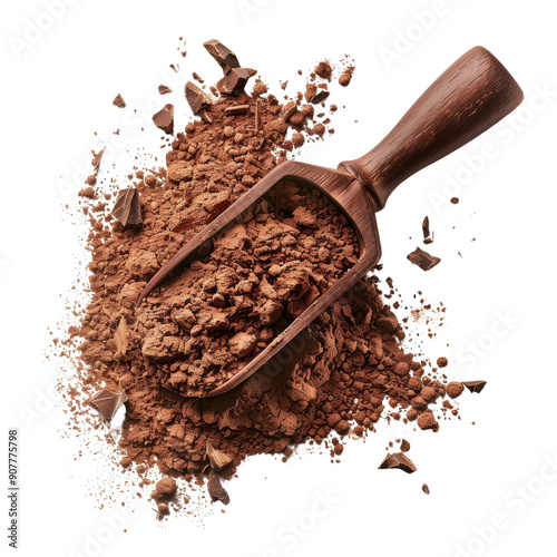 Rich cocoa powder with dark chocolate chunks and a wooden scoop. Perfect for baking or hot chocolate. Isolated on a white background.
