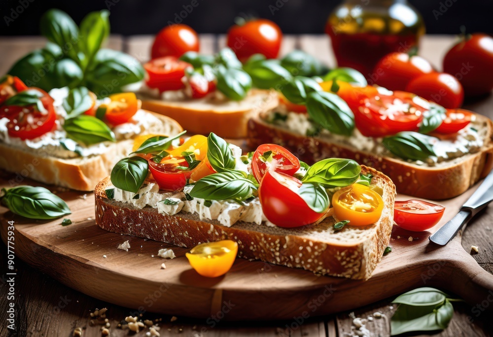artfully arranged homemade bread colorful toppings displayed rustic serving board delightful culinary presentation, artisanal, appetizer, baked, bakery artfully arranged homemade bread colorful toppings displayed rustic serving board delightful culinary presentation, artisanal, appetizer, baked, bakery