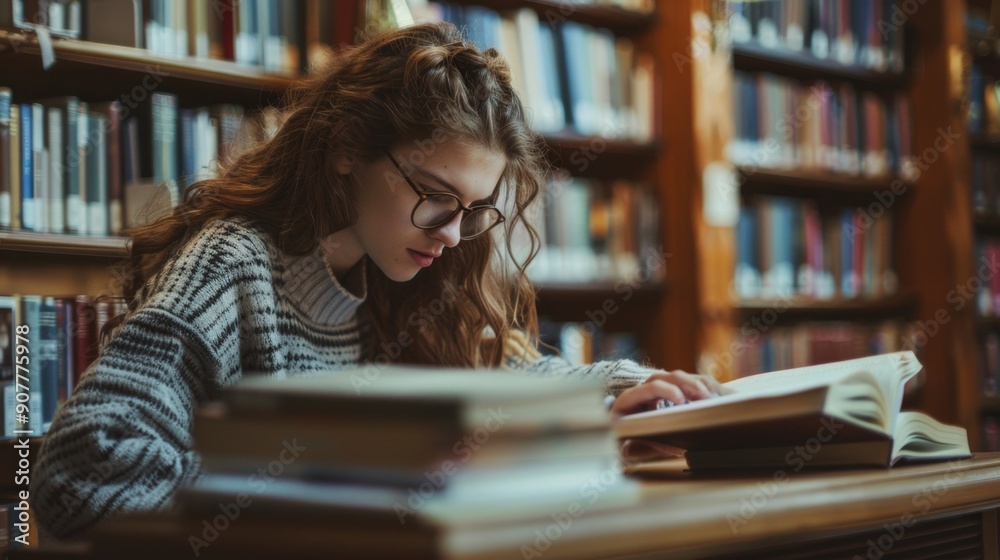 Young Woman Reading Book in Library. Young Woman Reading Book in Library.
