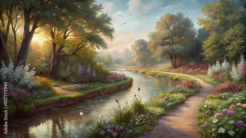 Illustration of a calm river in the evening, summer atmosphere, no people, lo-fi style, soft colors