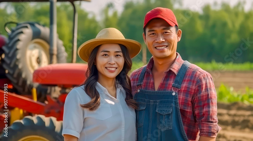 happy couple farmer after harvesting in the field during the day, agricalture concept, photo