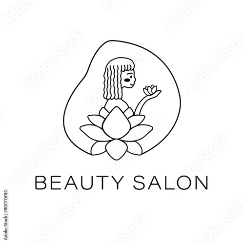 Modern natural woman with lotus flower in line art style. Simple hand drawn logo suitable for beauty salon, spa, cosmetic and skin care products, hair care, boutiques, yoga