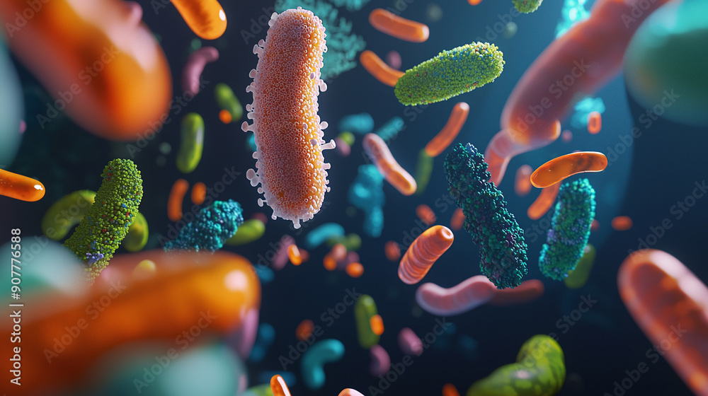 Naklejka premium 3D render of a Healthy Intestinal Microbiota Ecosystem