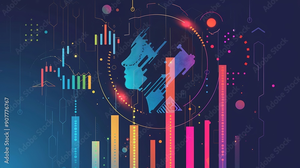 Obraz premium Abstract Digital artwork featuring a human face with colorful gradients, geometric shapes, and lines against a blue background.