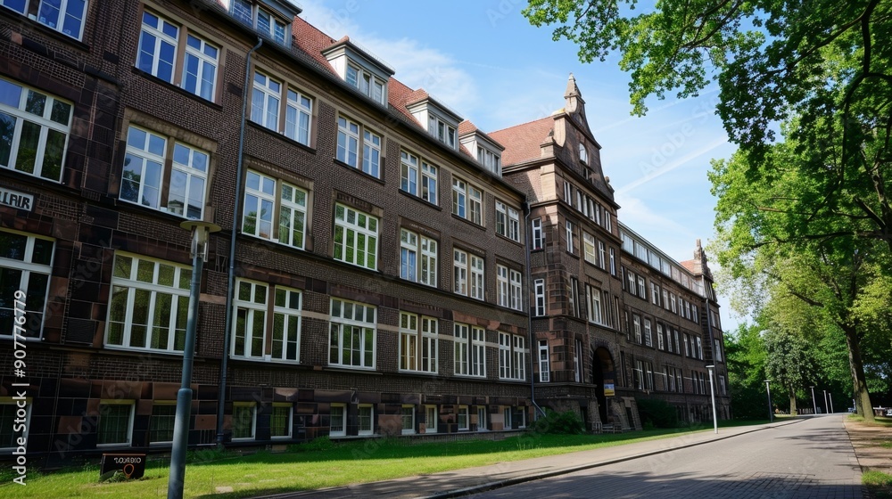 Naklejka premium Old Brick Building with Windows and a Street.