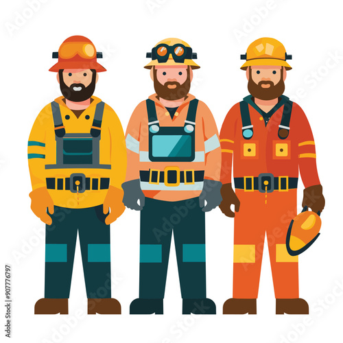 Three male cartoon miners standing together, wearing safety gear helmets. Middle miner has beard, holds helmet, flanked partners highvisibility clothing. Diverse group workers, protective equipment