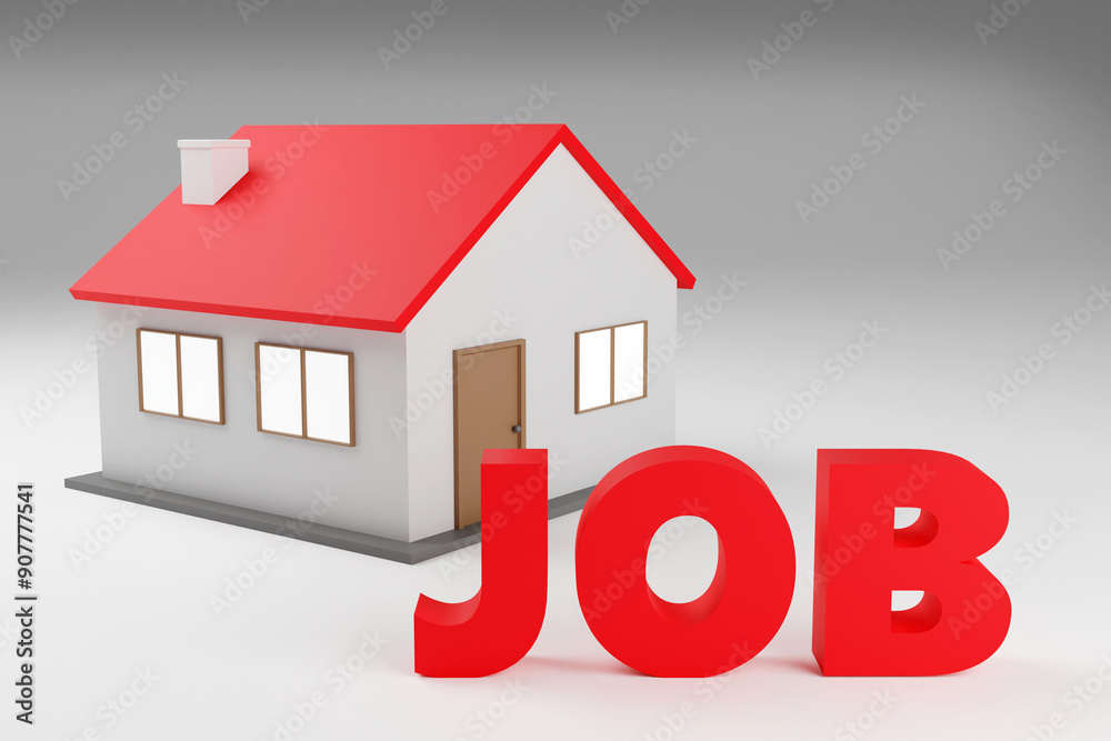 3d render red sign job with small cute house and grey background. Simple minimalism concept. 3d render red sign job with small cute house and grey background. Simple minimalism concept.