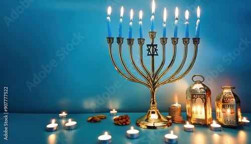 Jewish Holiday Hanukkah Background with Menorah and Candles on Blue: Traditional Candelabra Design photo