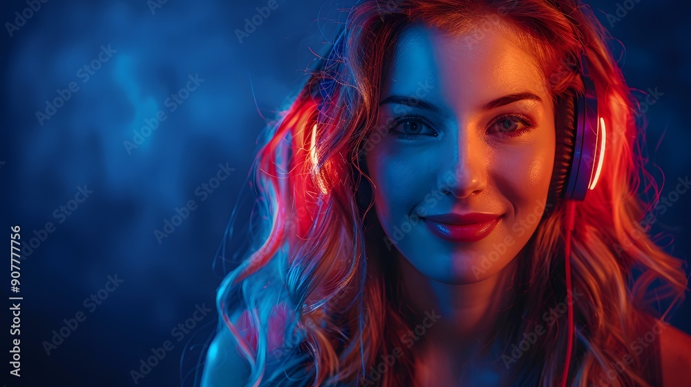 Fototapeta premium Woman with Headphones in Neon Lighting