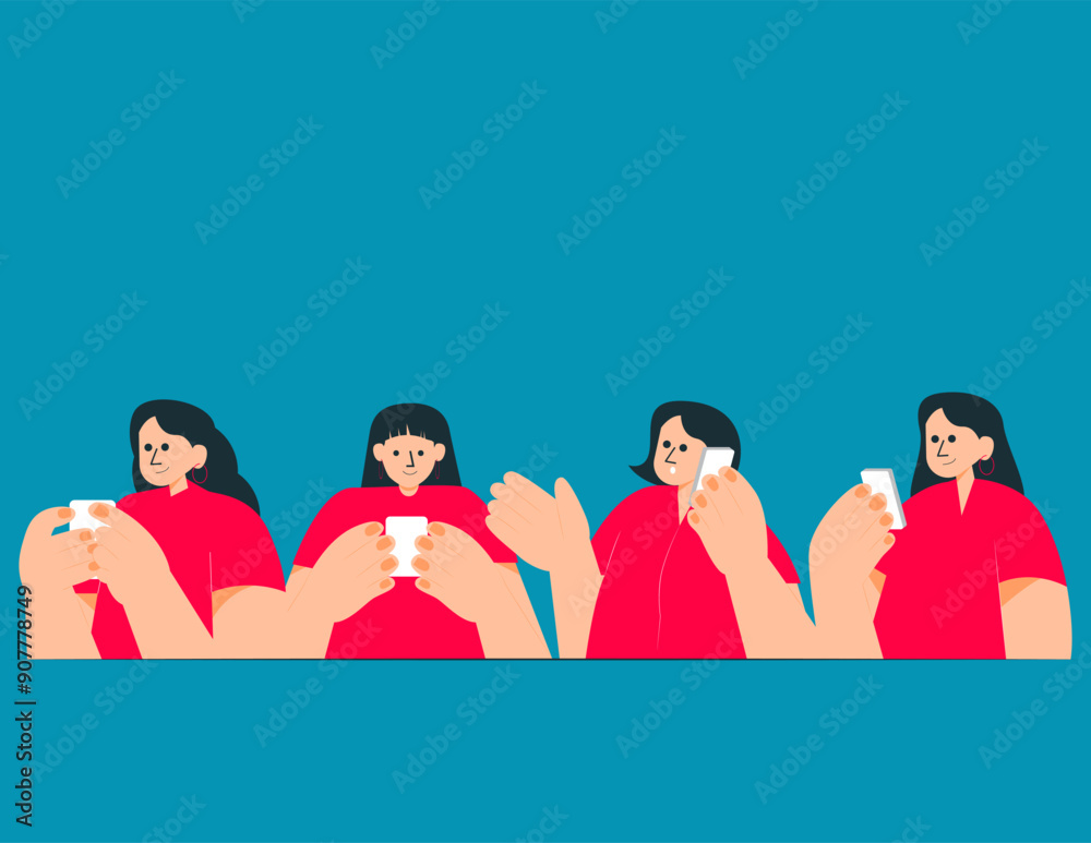 Happy people looking at smartphones, chatting online and talking. Women and men characters using mobile phones, scrolling and surfing internet. Social network concept. Flat vector illustration
